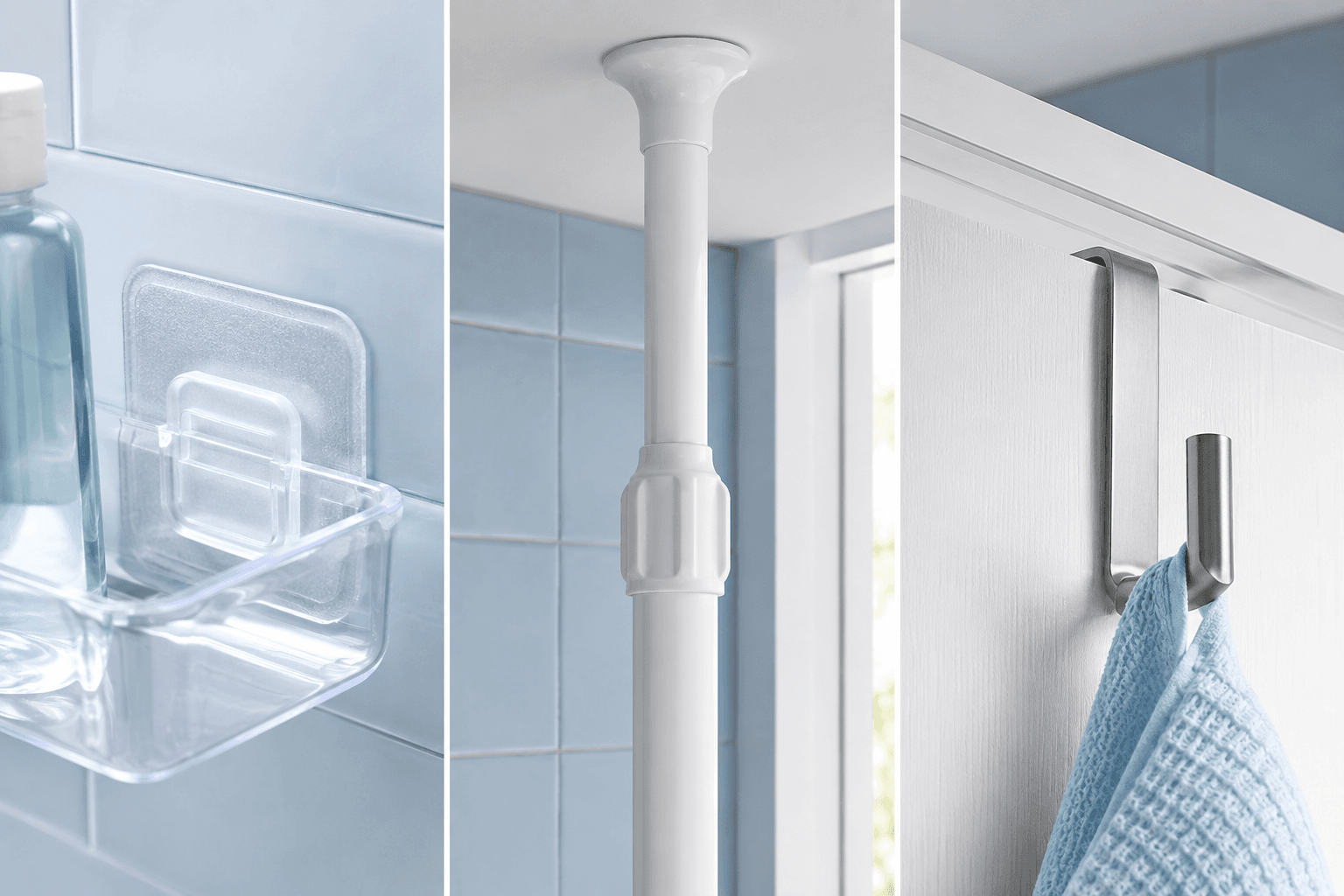 Adhesive, tension and over-door bathroom fitting details