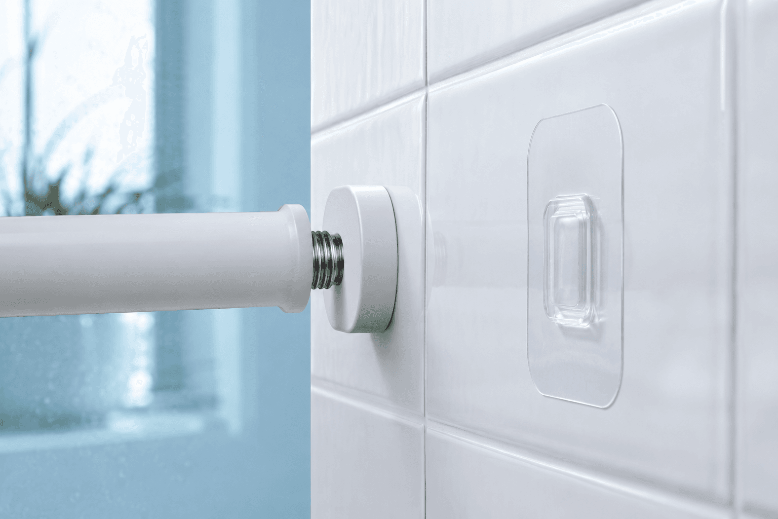 Detailed view of bathroom tension and adhesive fitting surfaces