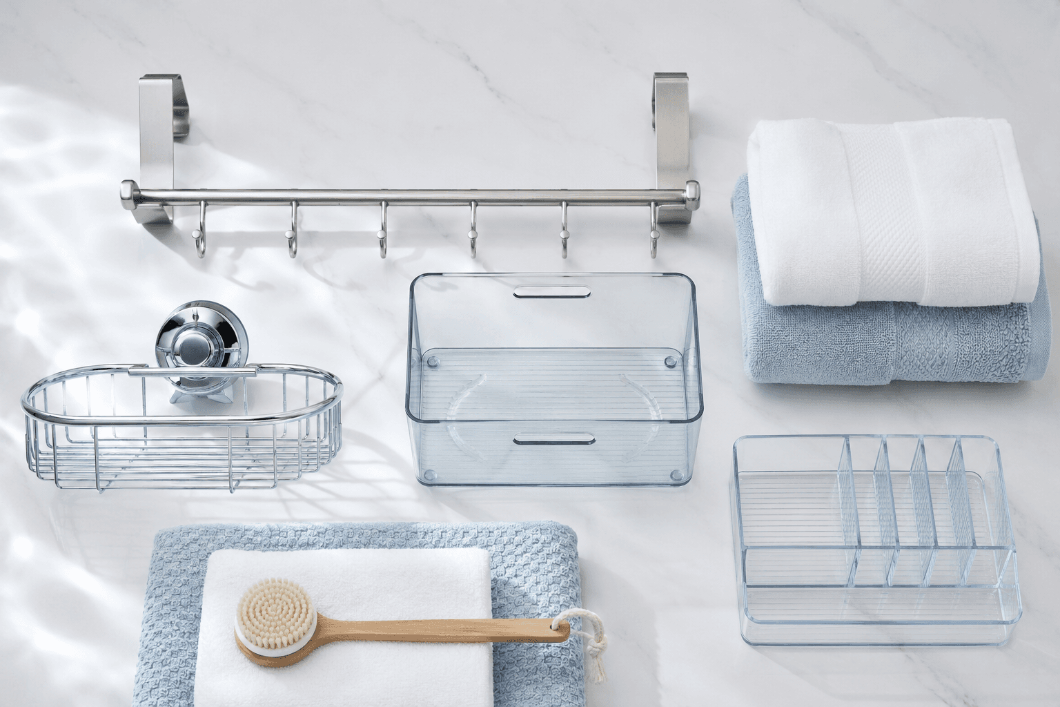Contents of New-Rental Bathroom Bundle laid out individually