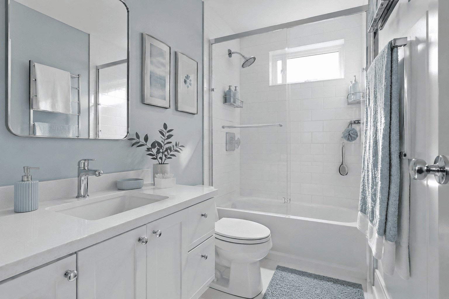 A tidy rental bathroom fitted with damage-aware storage