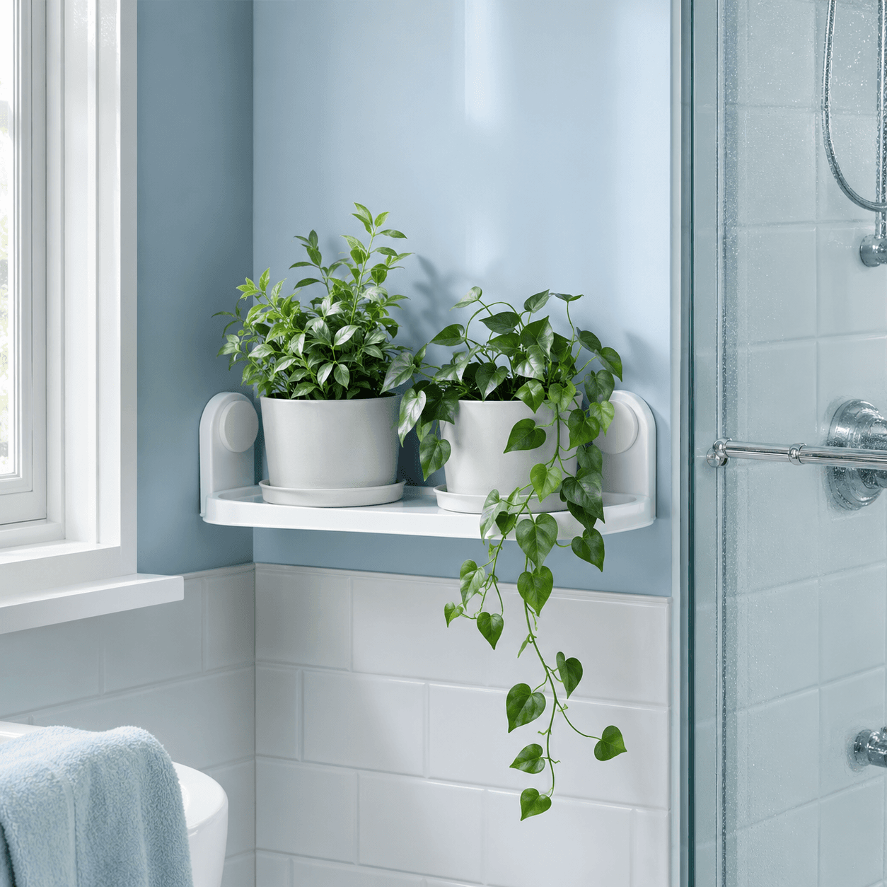 Bathroom Plant Corner Set arranged in a bright bathroom