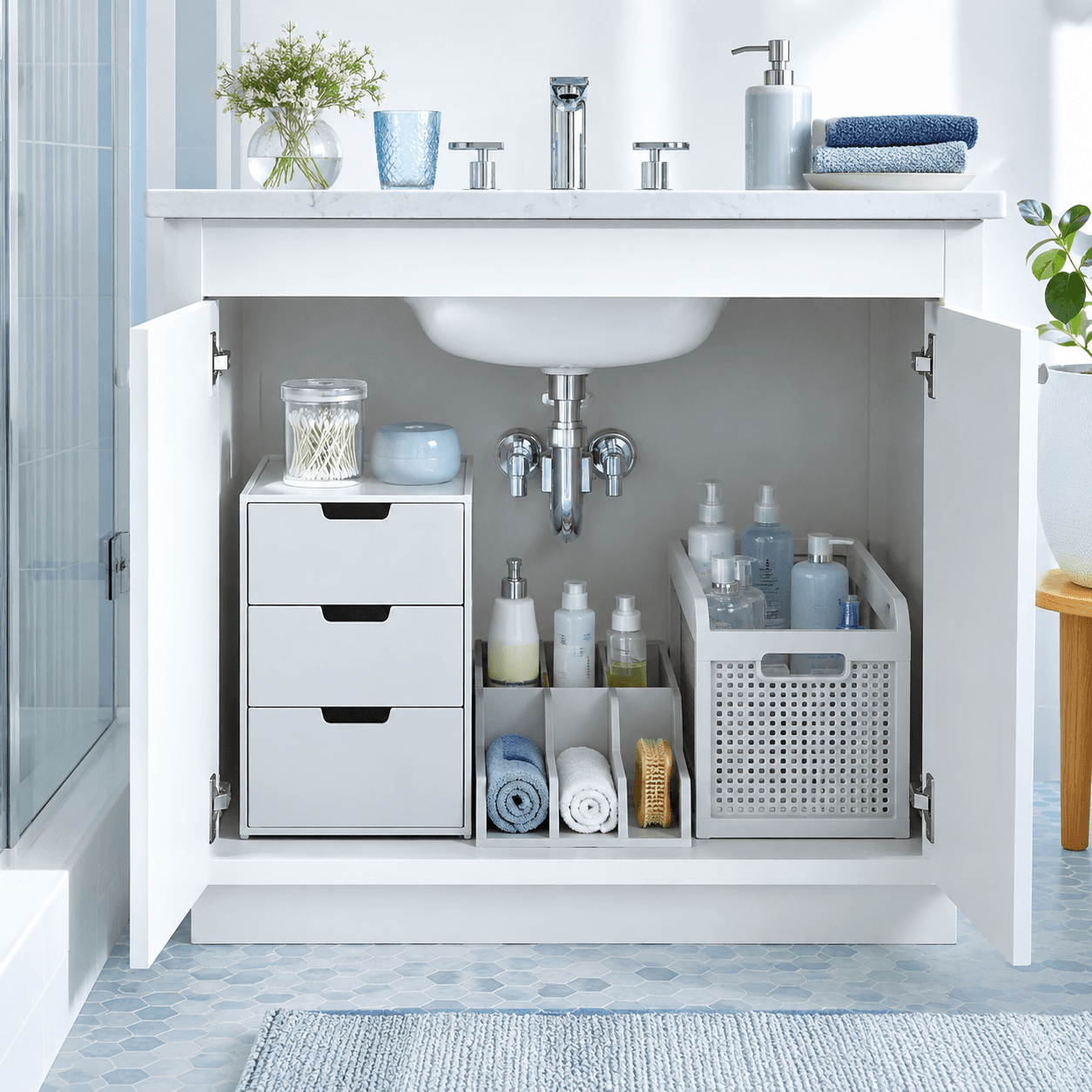 Under-Sink Organiser Set arranged in a bright bathroom