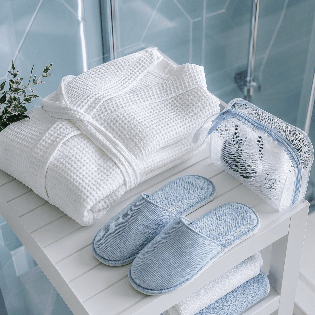 Waffle Robe & Slipper Set arranged in a bright bathroom